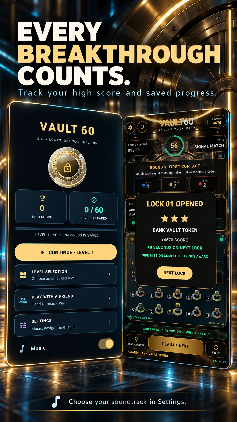 Vault60 main menu with campaign progress and completed-lock reward
