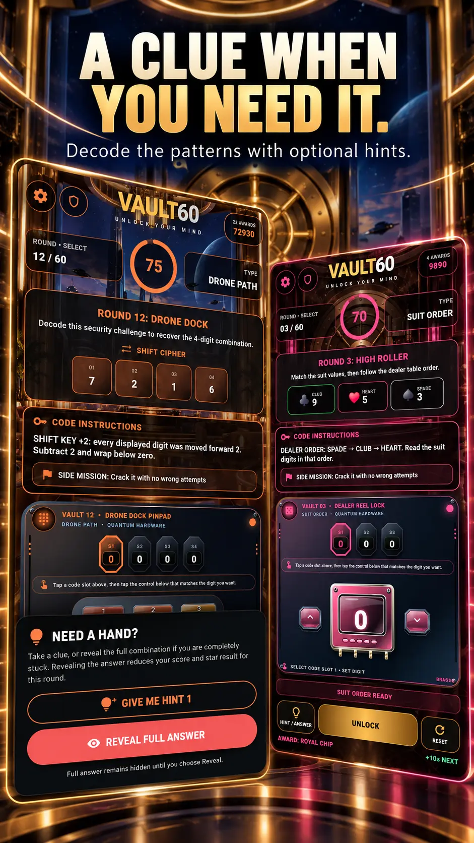 Optional hint and reveal full answer choices in Vault60